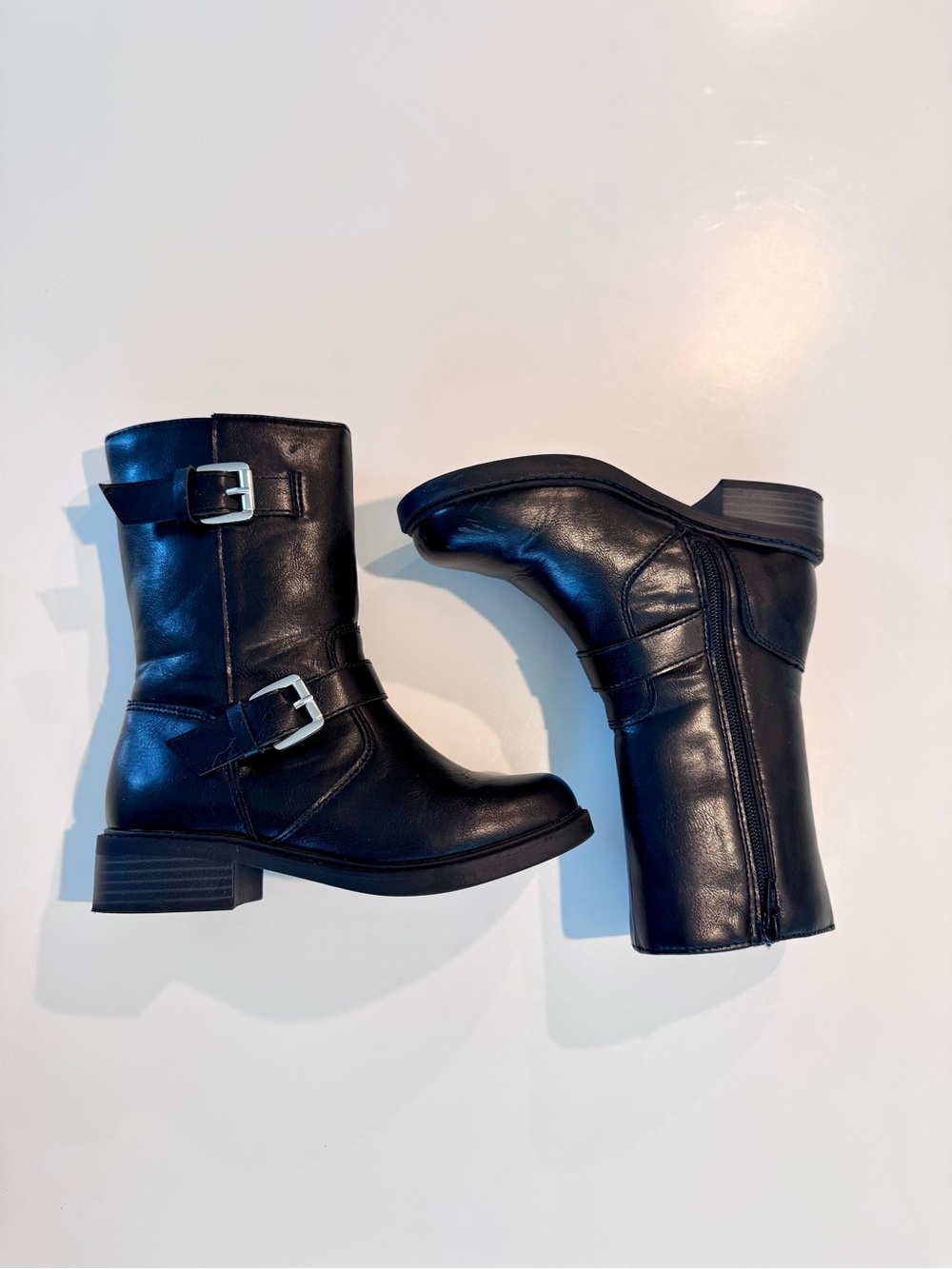 Old Navy Girls Boots Black Side Zip Buckles Faux-Leather, size 1